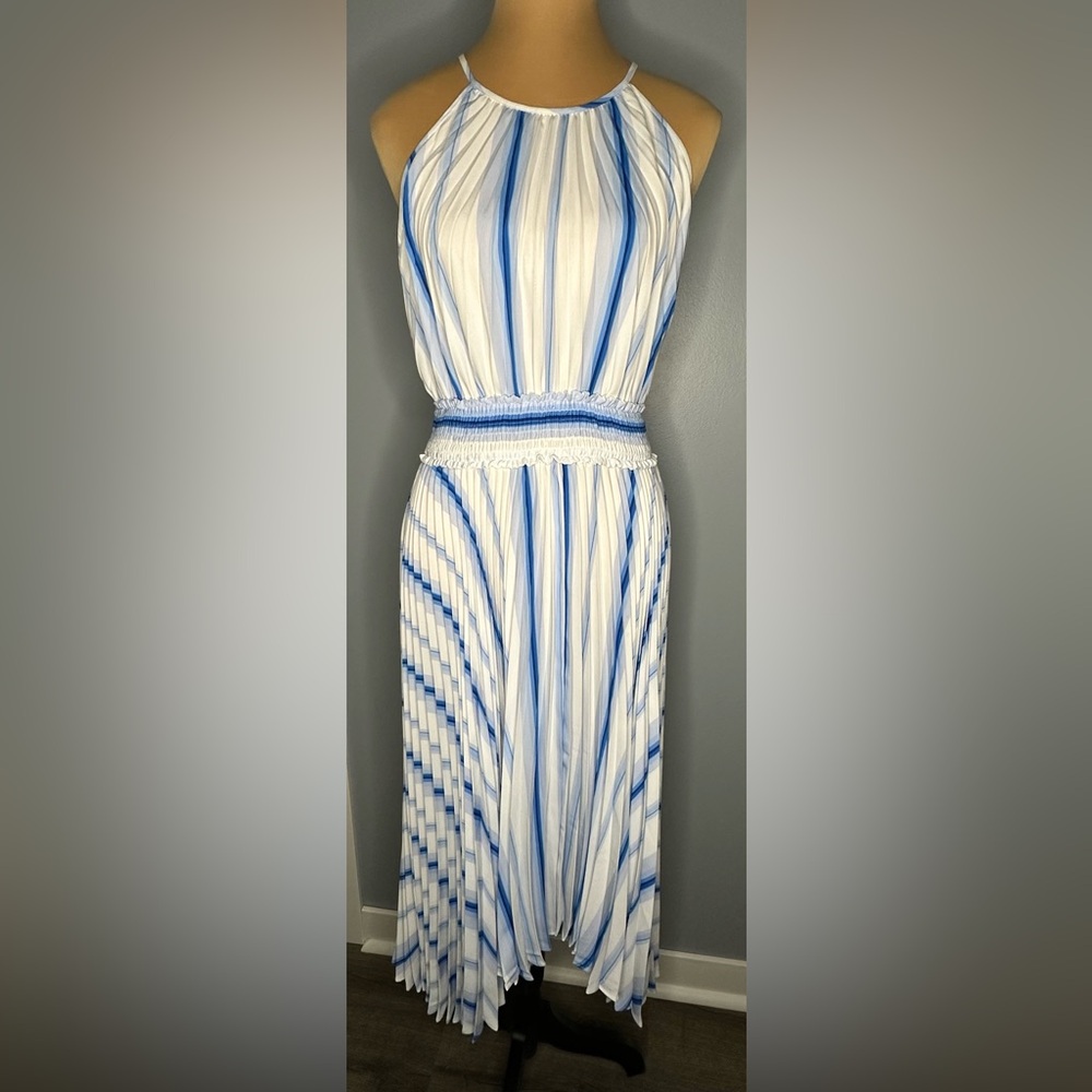 Nine West Striped Blue and White Accordion Maxi Dress